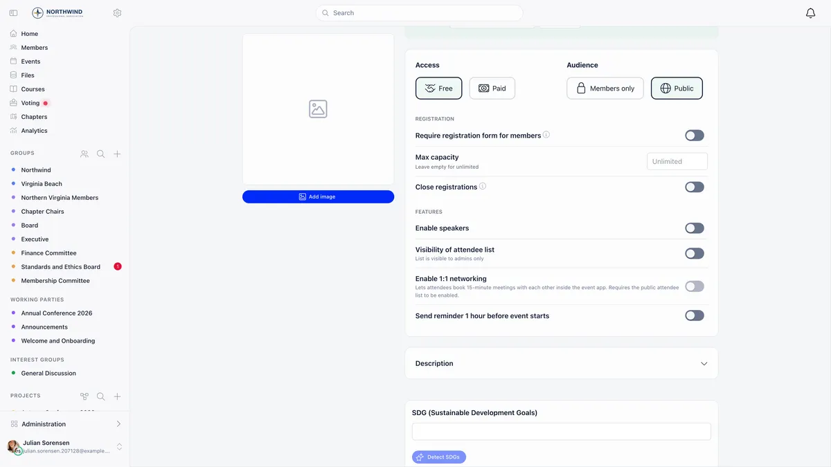 Lower half of the Create Event form showing Access cards for Free and Paid with Free selected, Audience cards for Members only and Public with Public selected, a Registration section with Require registration form for members off, Max capacity reading Unlimited and Close registrations off, and a Features section with Enable speakers, Visibility of attendee list, Enable 1:1 networking and Send reminder 1 hour before event starts, above a collapsed Description card and an SDG card with a Detect SDGs button