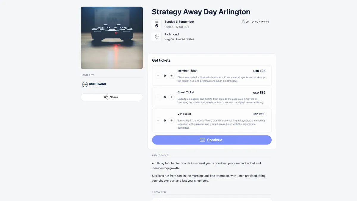 Public event page for Strategy Away Day Arlington showing the cover photo, a Hosted by block with the Northwind logo and a Share button on the left, and on the right the date of Sunday 6 September, the Richmond location, a Get tickets card listing Member Ticket at USD 125, Guest Ticket at USD 185 and VIP Ticket at USD 350 with quantity steppers and a Continue button, above the About event text