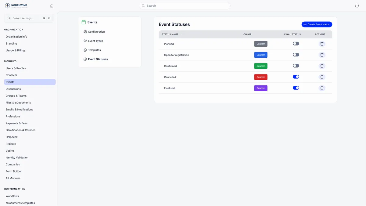 Event Statuses screen listing Planned, Open for registration, Confirmed, Cancelled and Finalised, each with a coloured Custom chip, a Final status toggle that is on for Cancelled and Finalised only, and a delete action