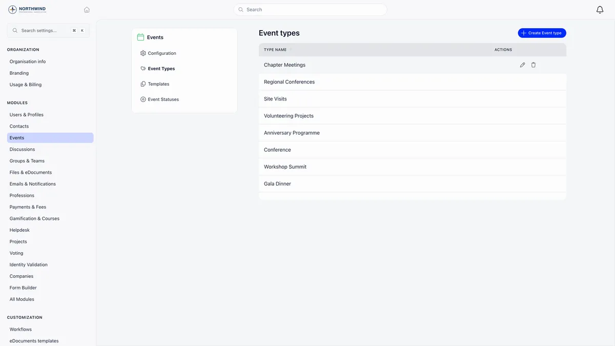 Event types screen in the Events module settings with a Create Event type button and a table listing Chapter Meetings, Regional Conferences, Site Visits, Volunteering Projects, Anniversary Programme, Conference, Workshop Summit and Gala Dinner, with edit and delete actions on the first row
