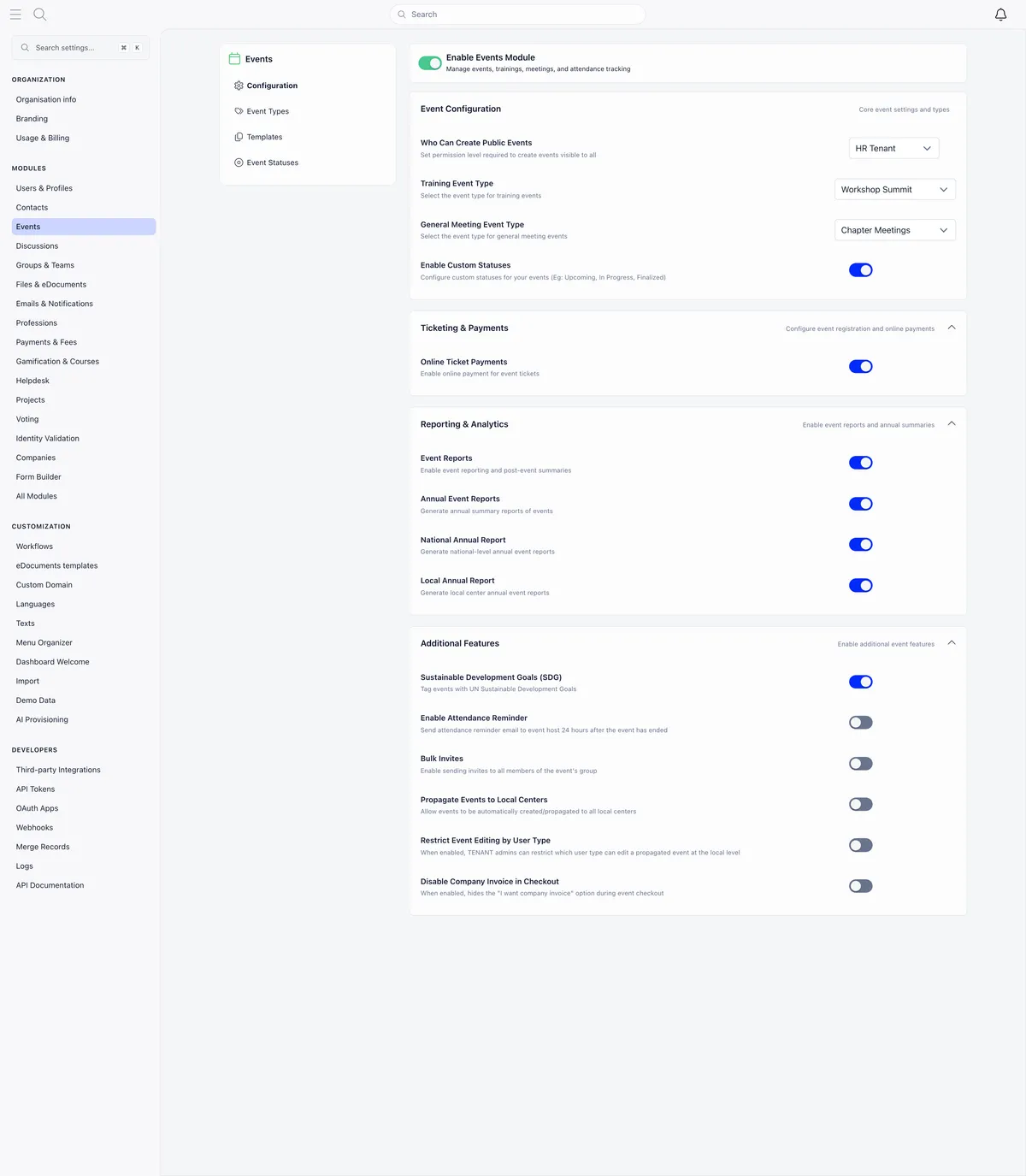 Events module settings with the Enable Events Module switch on, an Event Configuration card holding Who Can Create Public Events set to HR Tenant, Training Event Type set to Workshop Summit, General Meeting Event Type set to Chapter Meetings and Enable Custom Statuses on, then Ticketing and Payments with Online Ticket Payments on, Reporting and Analytics with four report switches on, and Additional Features listing SDG, Attendance Reminder, Bulk Invites, Propagate Events to Local Centers, Restrict Event Editing by User Type and Disable Company Invoice in Checkout