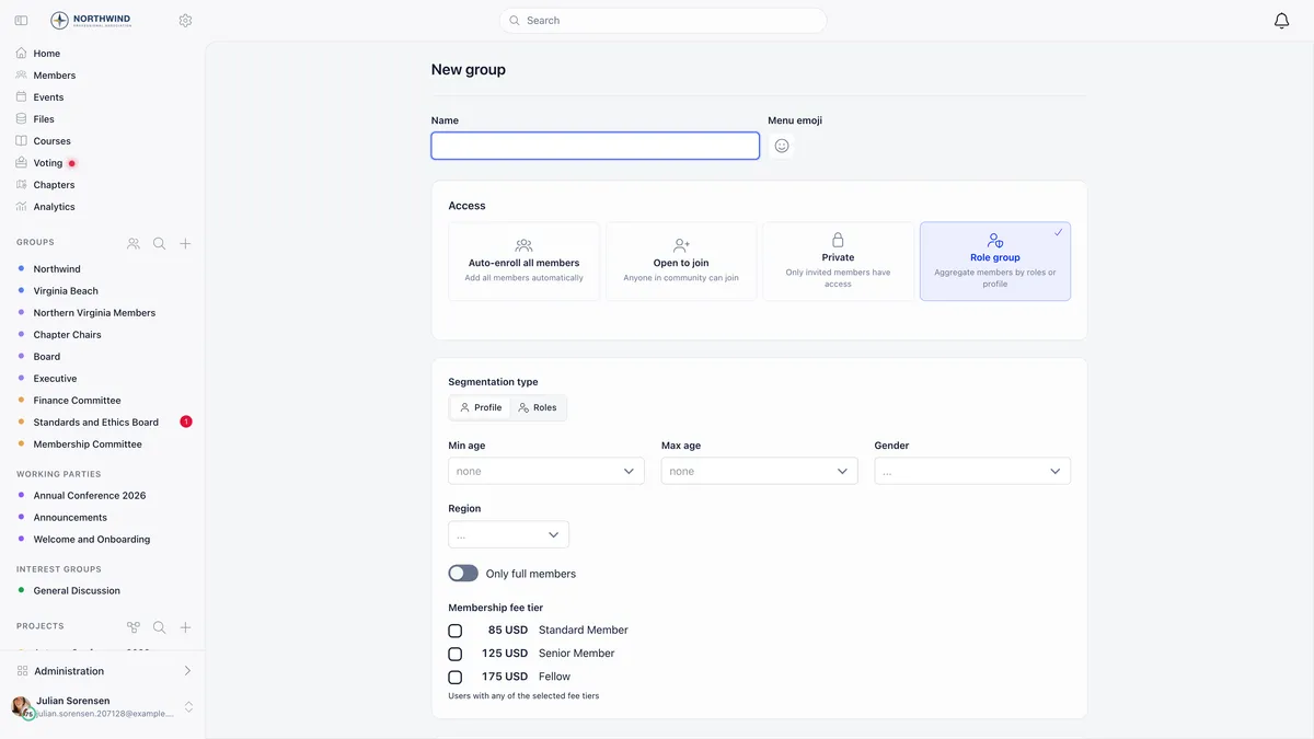New group form with a Name field, a Menu emoji picker, and an Access selector offering Auto-enroll all members, Open to join, Private and Role group, with Role group selected and described as aggregate members by roles or profile, above a Segmentation type toggle set to Profile showing Min age, Max age, Gender and Region selectors, an Only full members switch turned off, and a Membership fee tier list of 85 USD Standard Member, 125 USD Senior Member and 175 USD Fellow
