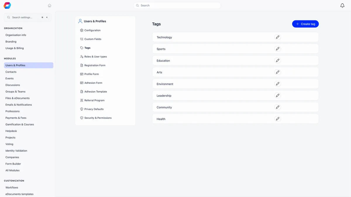 Tags settings screen under Users and Profiles with a Create tag button, listing the tags Technology, Sports, Education, Arts, Environment, Leadership, Community and Health, each with a pencil edit icon
