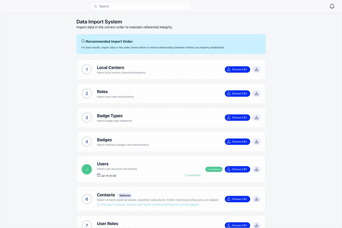 Data Import System page showing the recommended import order as numbered steps for Local Centers, Roles, Badge Types, Badges, Users, Contacts and User Roles, each with a Choose CSV button and an example file download