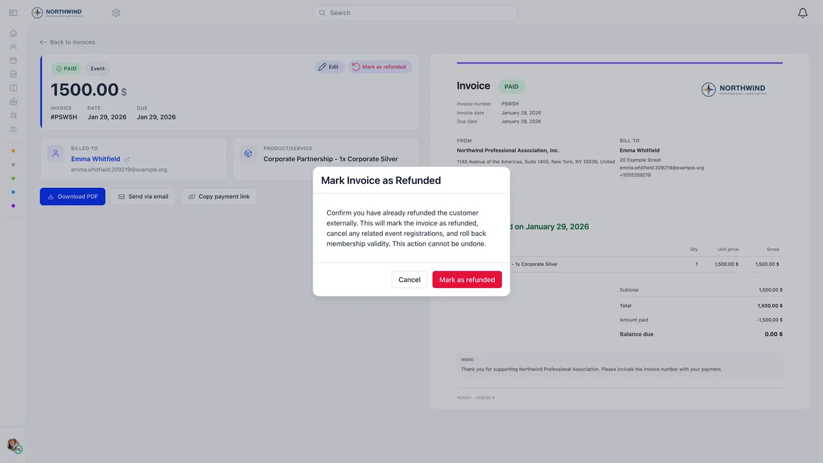 A paid event invoice for 1500 dollars showing only Edit and Mark as refunded buttons, with a confirmation dialog reading confirm you have already refunded the customer externally, this will mark the invoice as refunded, cancel any related event registrations and roll back membership validity, and this action cannot be undone