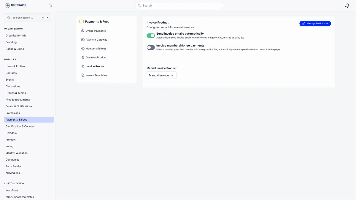 Invoice Product settings showing Send invoice emails automatically switched on and described as automatically sending invoice emails when invoices are generated or marked as paid, Invoice membership fee payments switched off, and a Manual Invoice Product dropdown set to Manual Invoice