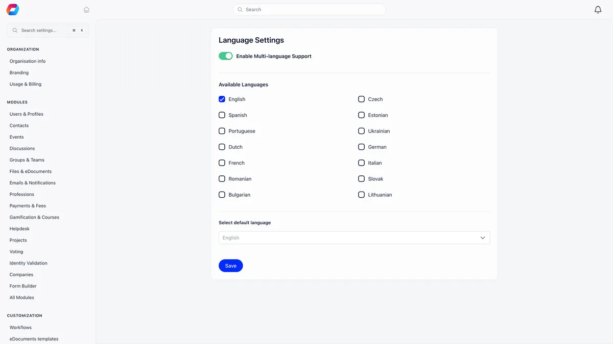 Language Settings page with Enable Multi-language Support switched on, a grid of fourteen available languages with English ticked, and a Select default language dropdown reading English above a Save button