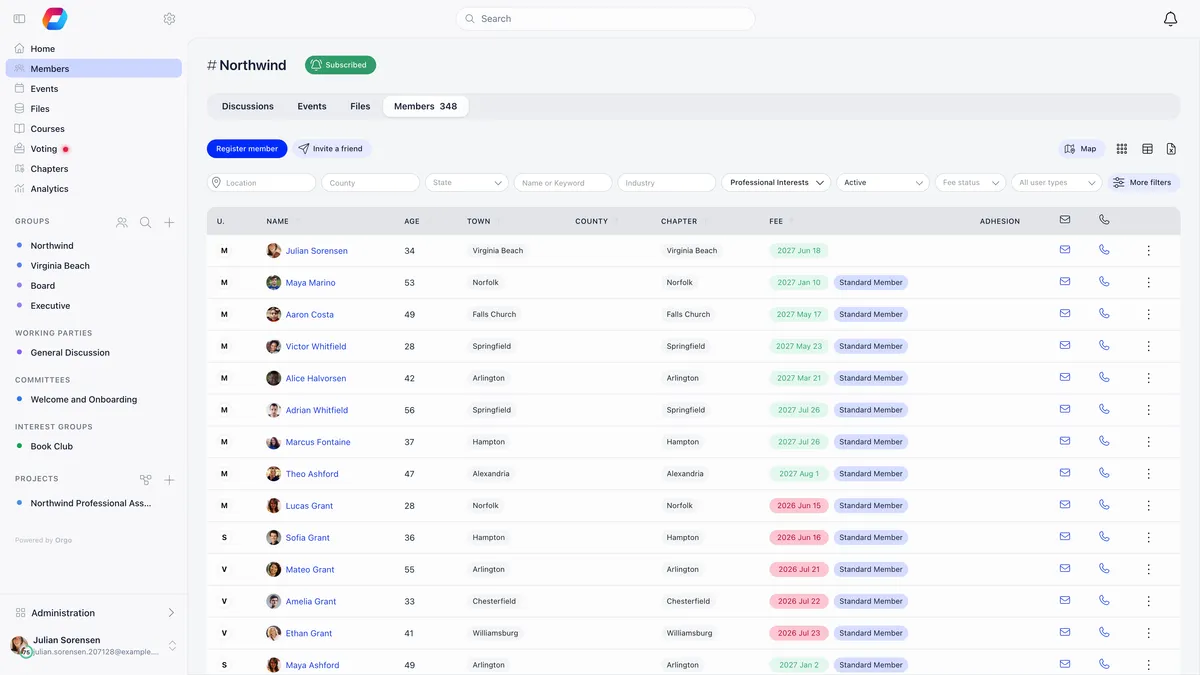 Member directory listing 348 members with filters for location, county, state, name or keyword, industry, professional interests, status, fee status and user type, and rows showing each member's age, town, chapter, fee date and Standard Member user type tag