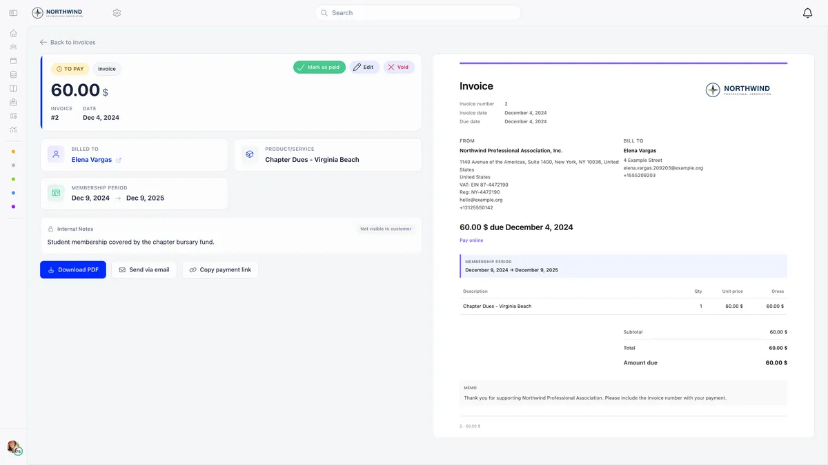 An unpaid invoice for 60 dollars showing a TO PAY badge with green Mark as paid, Edit and Void buttons, the billed-to member, the product Chapter Dues, a membership period from December 2024 to December 2025, and the rendered invoice preview alongside