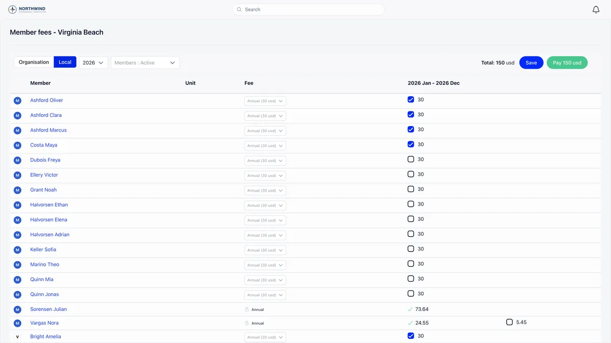 Member fees table for a chapter showing an Organisation and Local toggle with Local selected, a year filter, a member status filter, a running total of 150 usd, a blue Save button and a green Pay 150 usd button, above rows with a fee tier dropdown per member, ticked and unticked period checkboxes, green ticks on paid periods and padlocks on tiers that can no longer be changed