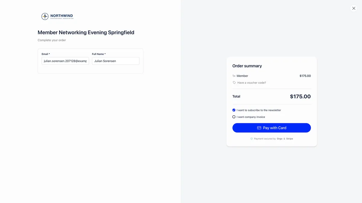 Event checkout for Member Networking Evening Springfield showing a single Email and Full Name pair on the left and an order summary on the right reading one times Member at 175 dollars, a voucher code link, a total, newsletter and company invoice checkboxes and a Pay with Card button
