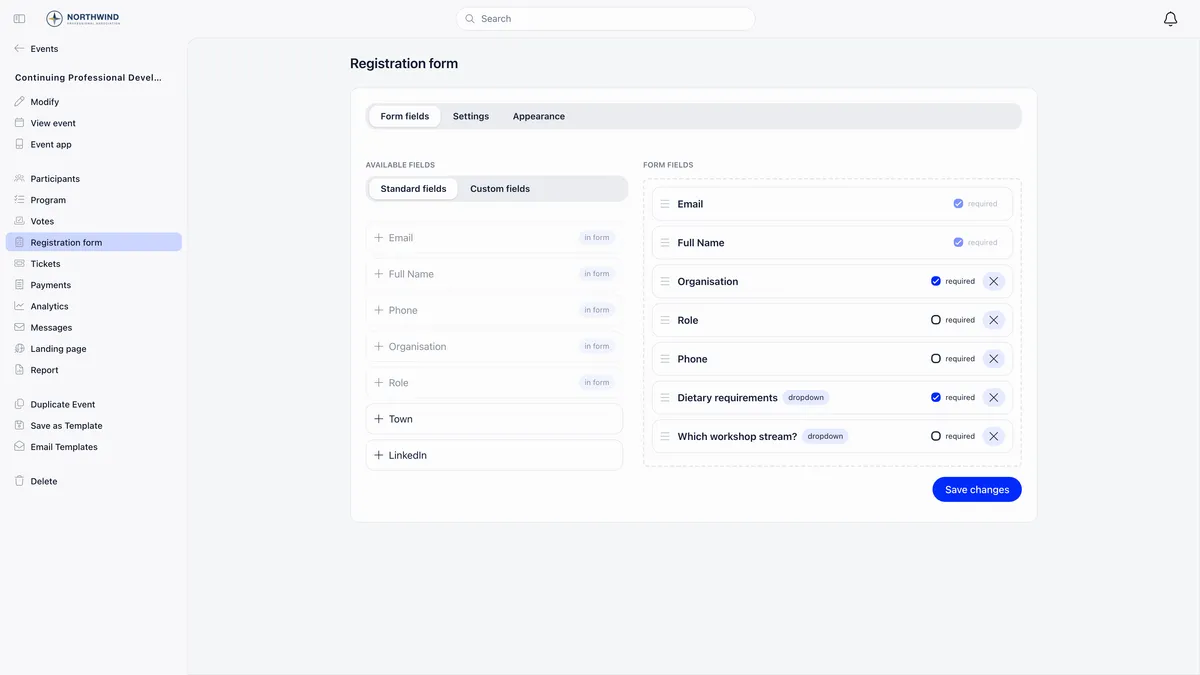 Registration form builder with Form fields, Settings and Appearance tabs, an available fields panel offering standard and custom fields, and a form fields panel listing Email and Full Name marked required and locked, then Organisation, Role, Phone and two dropdown questions for dietary requirements and workshop stream, above a Save changes button