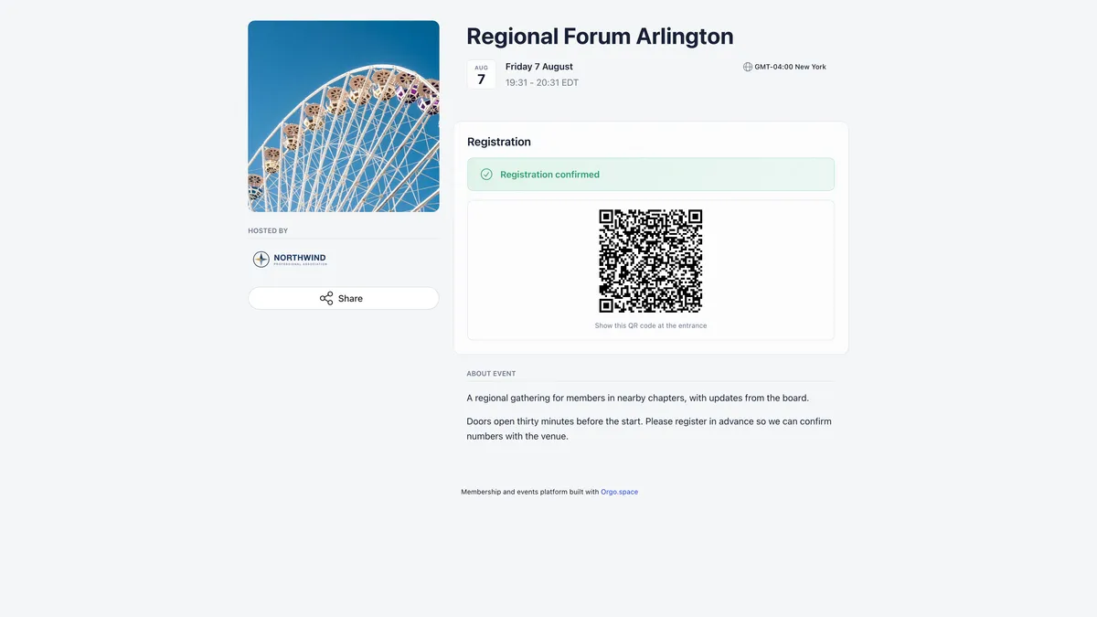 Public event page for Regional Forum Arlington seen by someone already registered, showing a Registration section with a green Registration confirmed badge and a QR code captioned Show this QR code at the entrance, beside the cover photo, a Hosted by block and a Share button