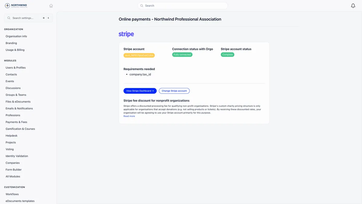 Online payments settings showing the Stripe logo, a Stripe account id, a green Fully connected chip for the connection status with Orgo, a green Complete chip for the Stripe account status, a Requirements needed list containing company tax id, and View Stripe Dashboard and Change Stripe account buttons