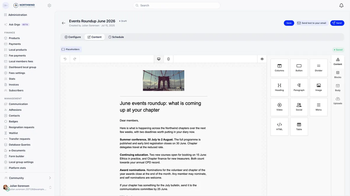 Newsletter content editor showing a Placeholders button, desktop and mobile preview toggles, a rendered draft email headed June events roundup with several paragraphs, and a right-hand rail of draggable blocks for columns, button, divider, heading, paragraph, image, video, social, menu, HTML and table, with Save, Send test to your email and Send buttons above