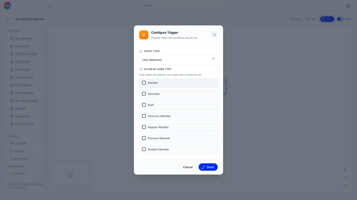 The Configure Trigger dialog, subtitled Choose when this workflow should run, with an Event Type dropdown set to User Approved and a Filter by User Type section noting Only trigger for specific user types, leave empty for all, listing unticked checkboxes for Member, Volunteer, Staff, Honorary Member, Regular Member, Premium Member and Student Member above Cancel and Done buttons