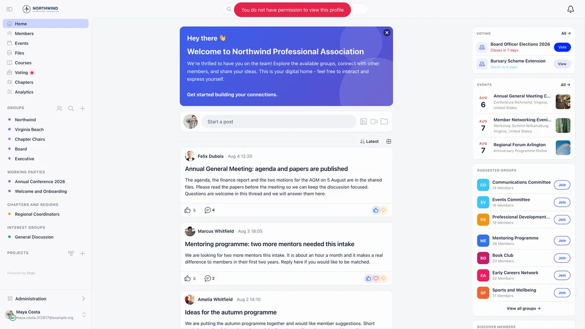 Orgo dashboard with a red toast at the top of the screen reading You do not have permission to view this profile, shown to a member whose sidebar carries only the member-level entries