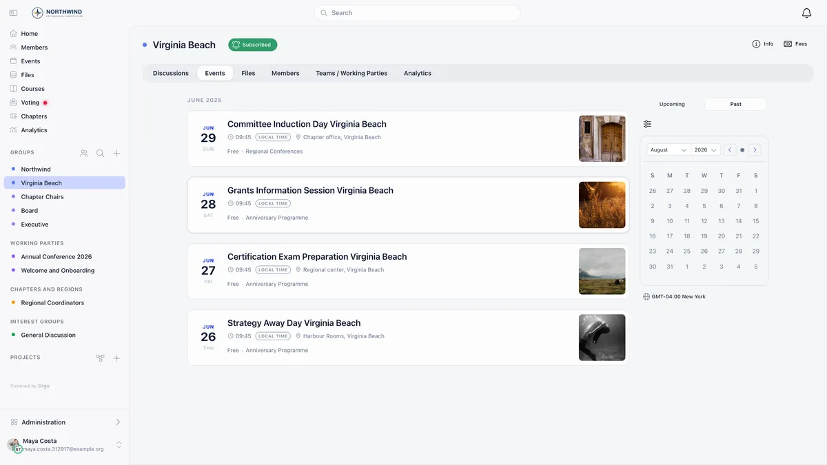 Chapter page for Virginia Beach with the Events tab selected, listing four past chapter events with their dates, times and locations, beside a month calendar and an Upcoming and Past toggle