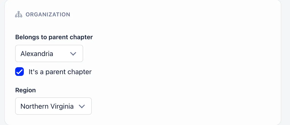 Close-up of the Organization card on the chapter form, showing the Belongs to parent chapter selector set to Alexandria, the It's a parent chapter checkbox ticked, and the Region selector set to Northern Virginia
