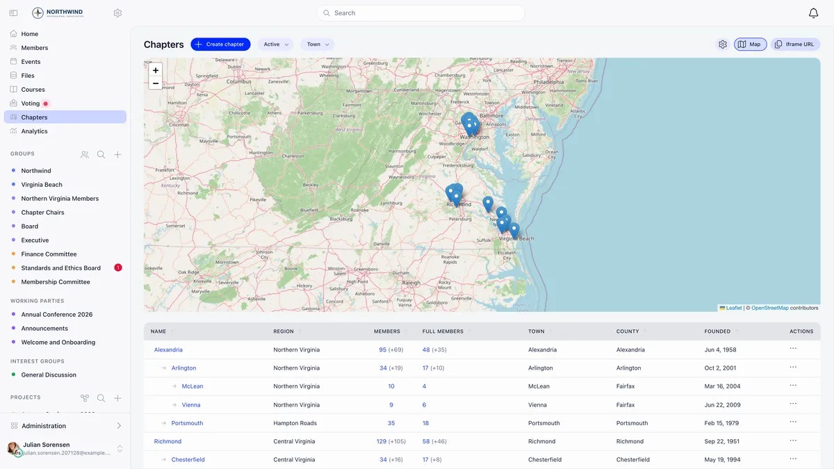 Orgo chapters list with the map panel open above the table, showing pins on an OpenStreetMap view and rows for Alexandria, Arlington, McLean, Vienna, Portsmouth, Richmond and Chesterfield indented by their depth in the chapter tree