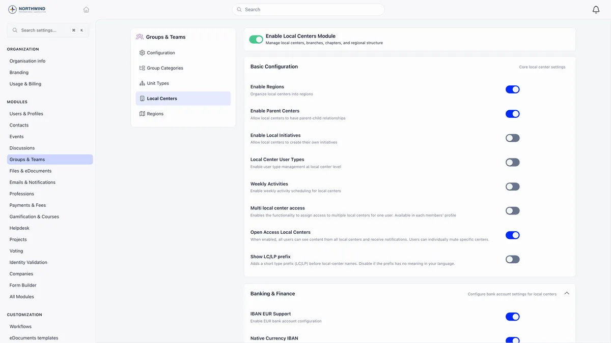 Local Centers module settings showing the Enable Local Centers Module master switch and the Basic Configuration list with Enable Regions and Enable Parent Centers turned on, and Local Initiatives, Local Center User Types, Weekly Activities, Multi local center access and Show LC or LP prefix below them