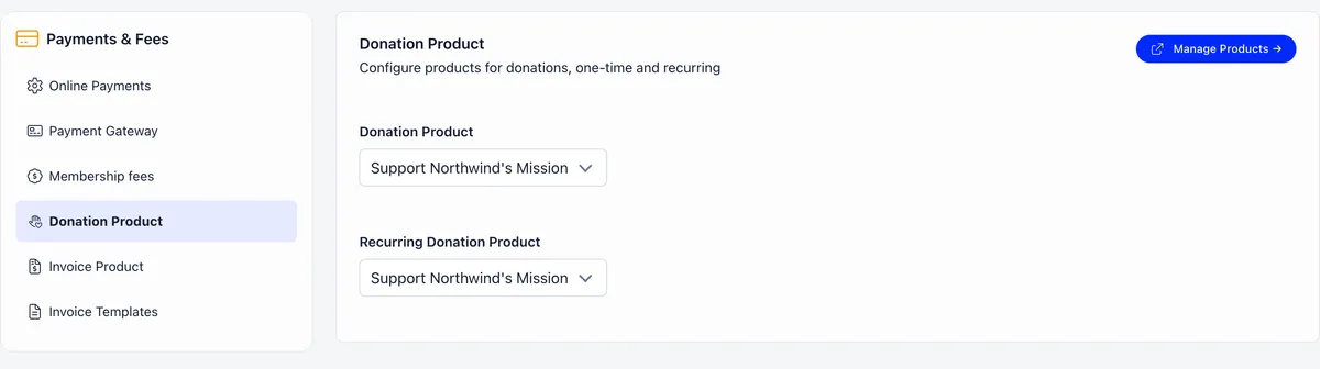 Donation Product settings panel with a Donation Product dropdown and a Recurring Donation Product dropdown, both set to Support Northwind's Mission, beside a Manage Products button