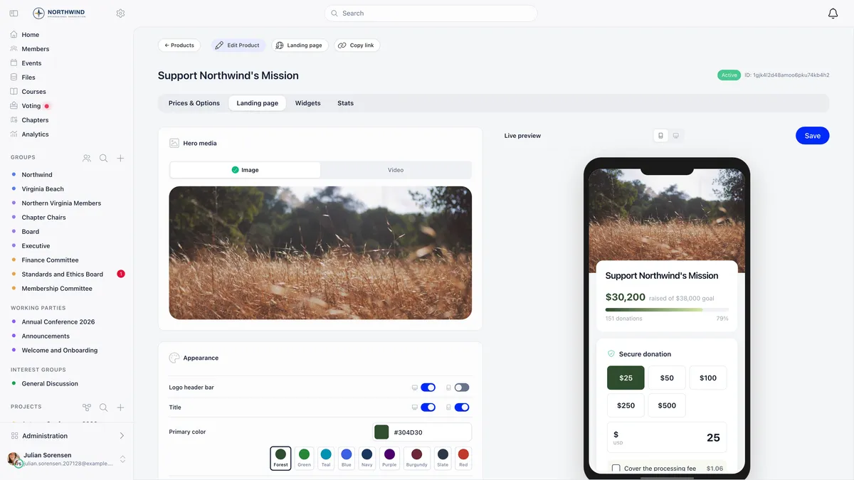 Landing page tab for the Support Northwind's Mission campaign showing a Hero media block with Image and Video options and an uploaded photograph, an Appearance block with separate desktop and mobile switches for the logo header bar and title and a primary colour set to a Forest preset among nine swatches, beside a live phone preview of the public page