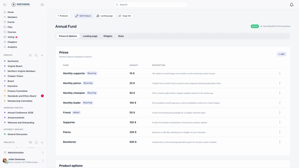 The Annual Fund campaign on its Prices and Options tab with Landing page, Widgets and Stats tabs alongside, listing suggested amounts from Monthly supporter at 10 dollars through Benefactor at 500 dollars, four of them tagged Recurring and one marked default, each with a sentence describing what the gift funds