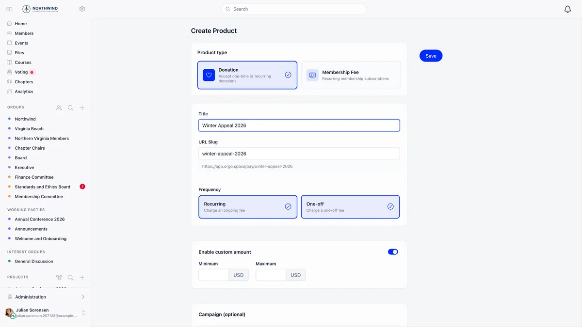 Create Product form with the Donation card selected beside a Membership Fee card, a title reading Winter Appeal 2026, a URL slug of winter-appeal-2026 previewing the public address, Recurring and One-off frequency cards both ticked, and an Enable custom amount switch with minimum and maximum fields in USD