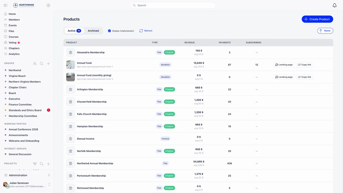 Products list showing sixteen active products, where two rows typed donation carry their public pay addresses under the campaign name along with revenue, payment count, subscriber count and Landing page and Copy link buttons, among membership fee products tagged Fee and Chapter
