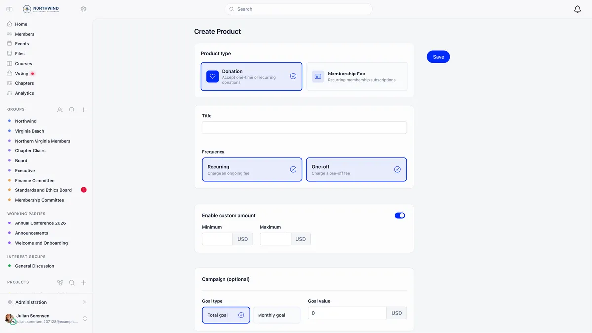 Create Product form with Donation and Membership Fee type cards side by side, a Title field, and a Frequency section offering Recurring and One-off