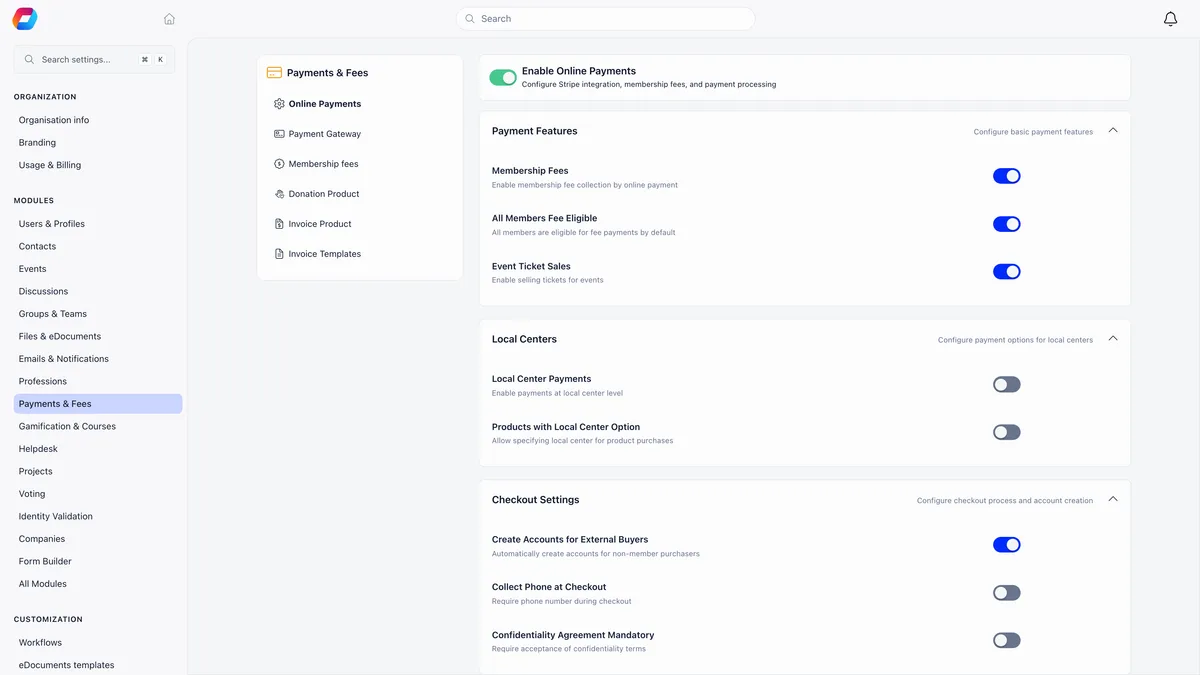 Payments and Fees module settings with Enable Online Payments on, and a Payment Features section showing Membership Fees, All Members Fee Eligible and Event Ticket Sales all switched on
