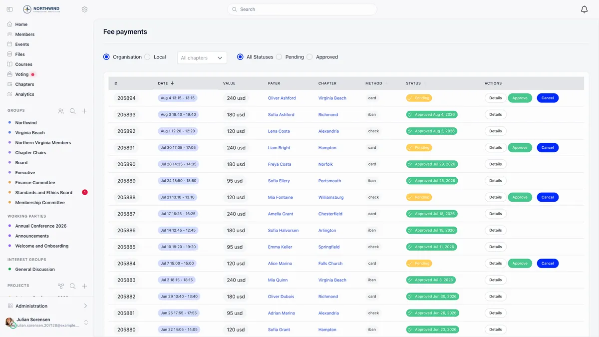 Fee payments queue filtered by Organisation and All Statuses, listing batches with id, date, value, payer, chapter, a method column reading card, iban or check, and a status column of green Approved or amber Pending badges