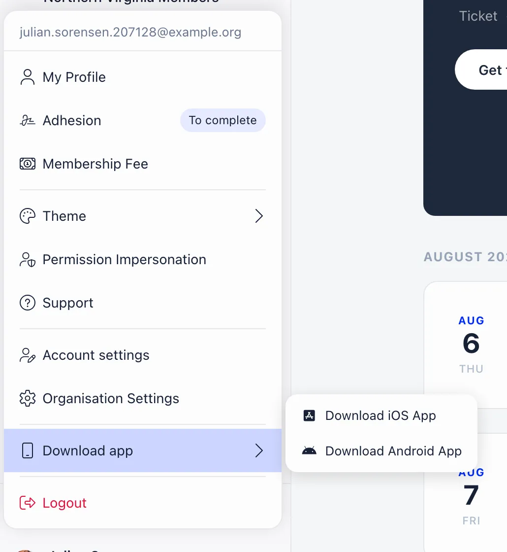 The Orgo user menu with My Profile, Adhesion, Membership Fee, Theme, Permission Impersonation, Support, Account settings and Organisation Settings, with Download app highlighted at the bottom and its submenu open showing Download iOS App and Download Android App