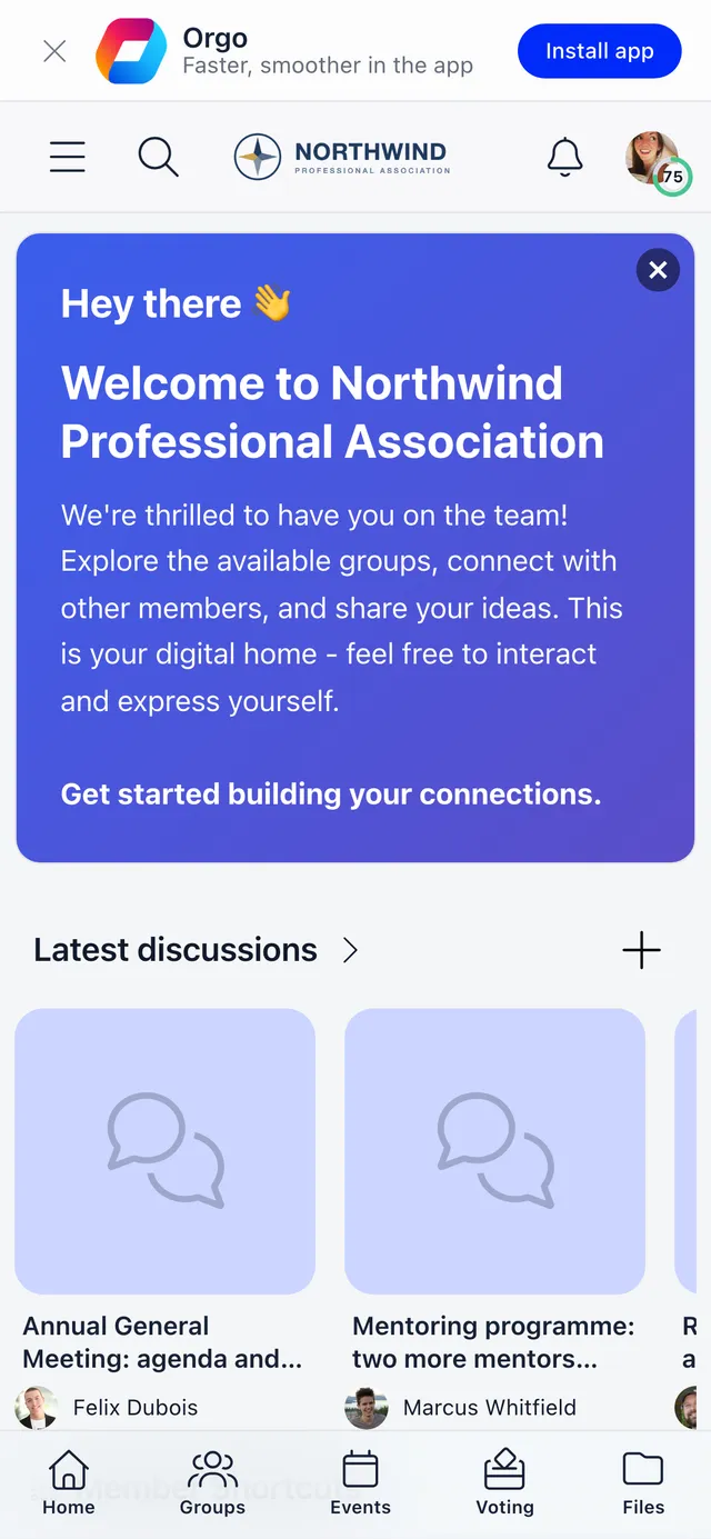 Orgo in a phone browser with an install banner across the top showing the Orgo icon, the line Faster smoother in the app and an Install app button, above the welcome card, a Latest discussions carousel and the bottom tab bar