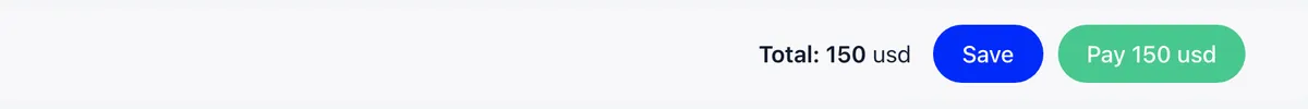 The right-hand end of the chapter member fees toolbar, showing a running total of 150 usd next to a blue Save button and a green Pay 150 usd button